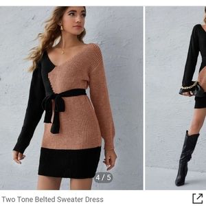 Two Tone Belted Sweater Dress